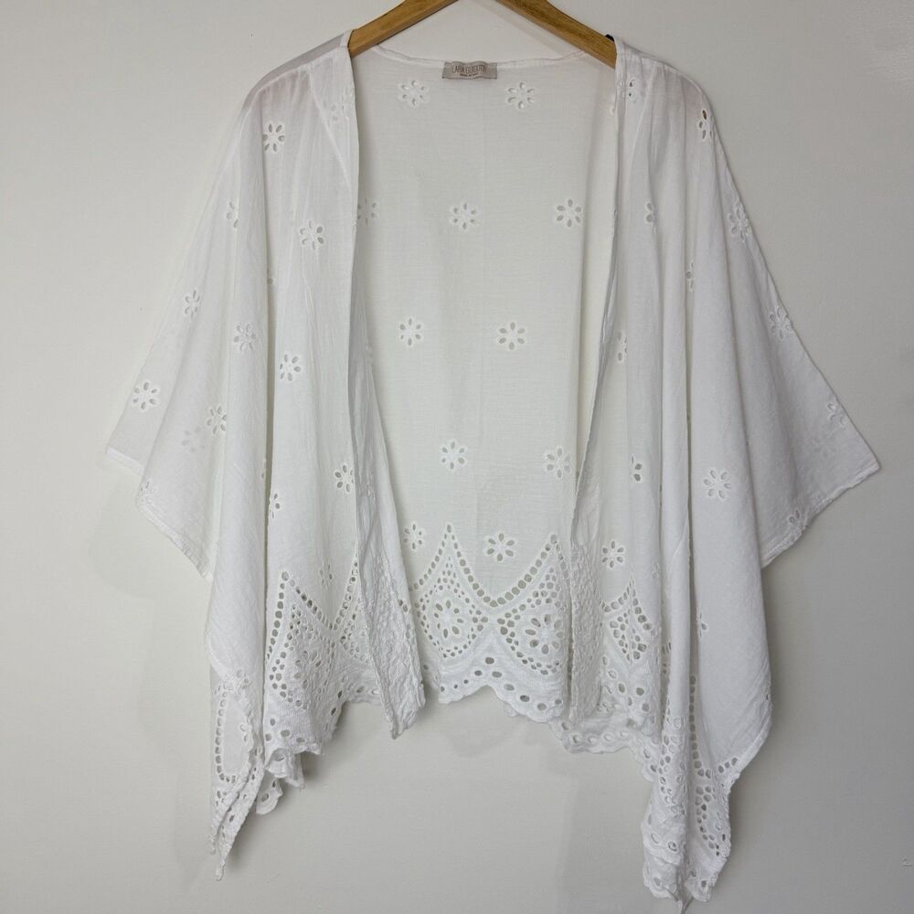 Lara Guidotti Open Front Shawl Kimono White Cotton Floral Women’s XL Italy Beach